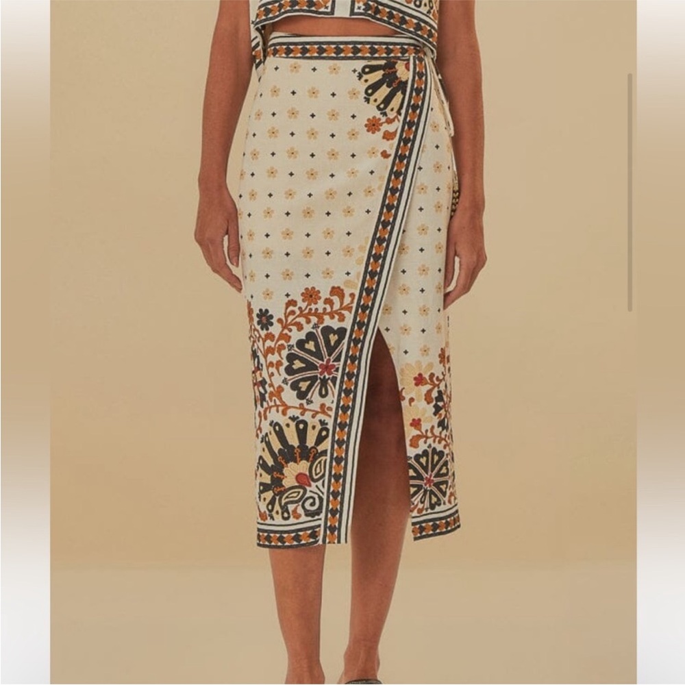 Farm Rio Flower Fan Tapestry Off-White Wrap Midi Skirt *Flawed